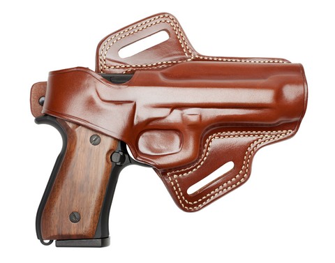 handgun in a leather holster