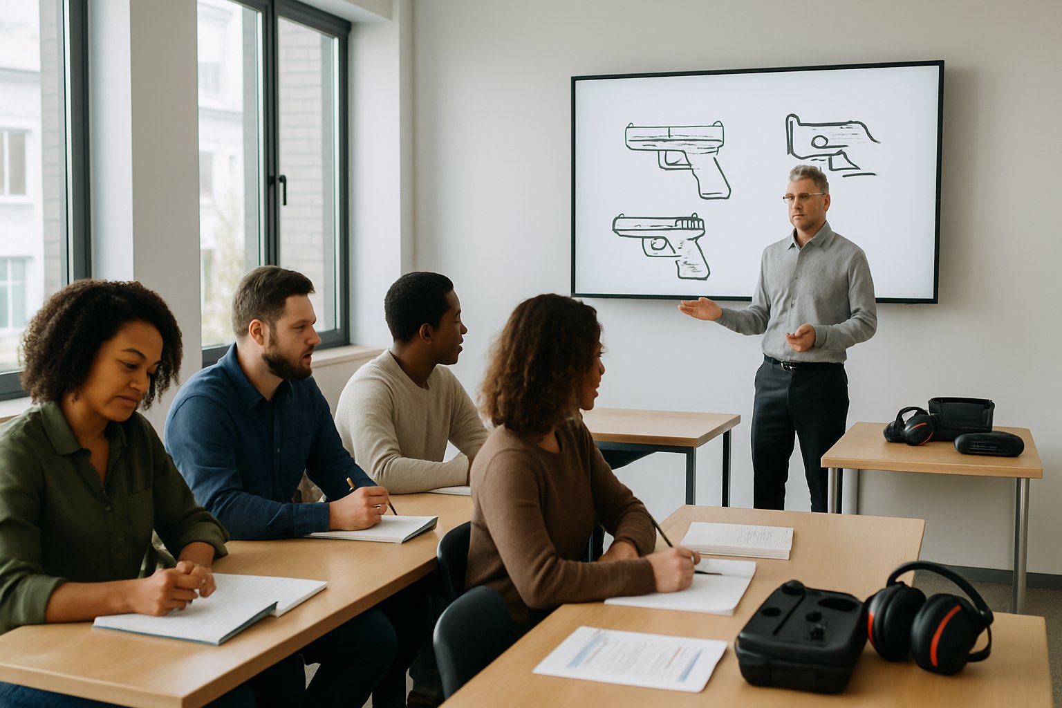 A diverse group of adult students attentively participating in a firearm training class with an instructor in a well-lit classroom, with safety equipment and instructional materials visible.